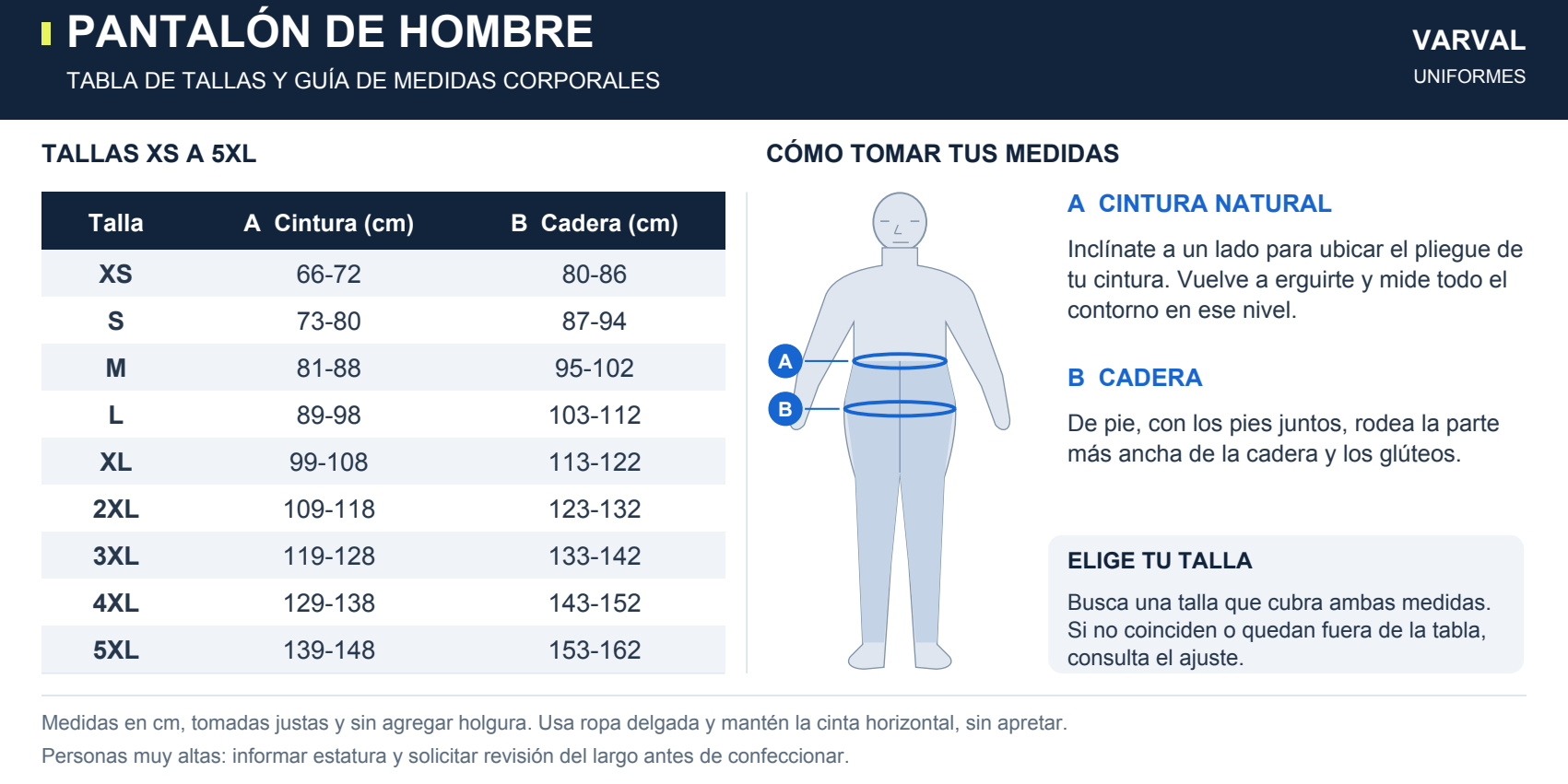 Tabla de tallas XS a 5XL y guía de medidas corporales para pantalón de hombre VARVAL: cintura y cadera en centímetros.